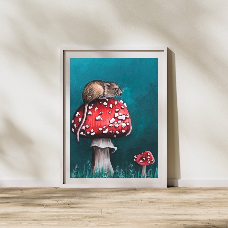 Woodland Mouse on Fly Agaric Mushroom | Original Gouache Art Print | Wall Art gallery