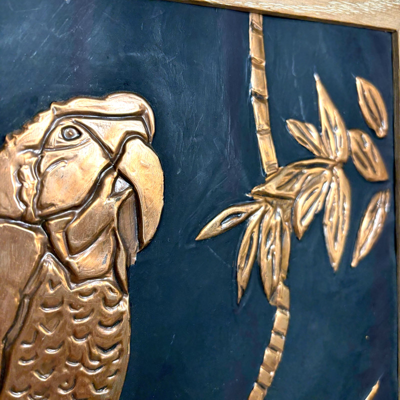 Repousse Relief Copper Parrot Bamboo Tropical Tiki Folk Art Wood Framed 13x16.25 gallery