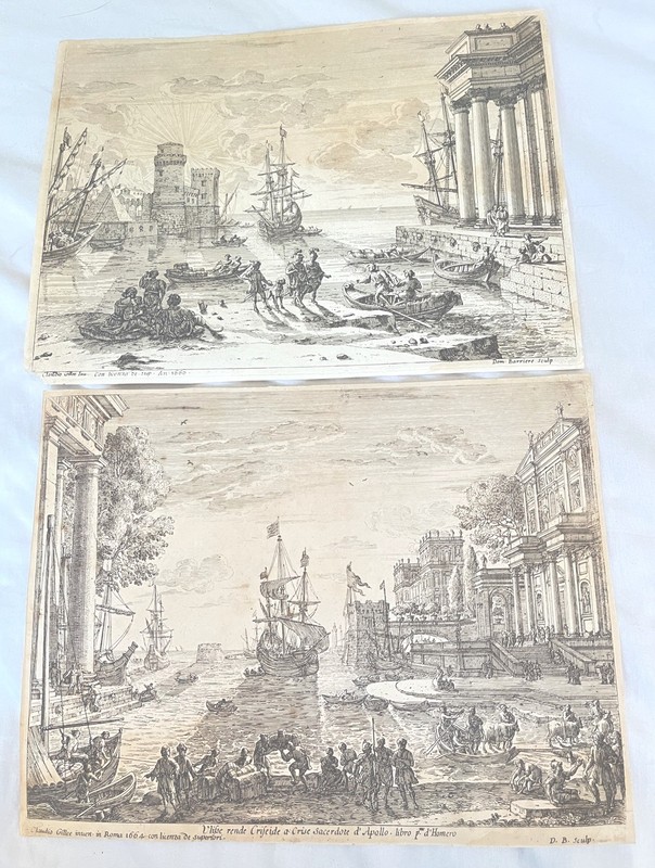 Pair Antique Prints After Claude Lorrain Claudio Gillee Roma Harbor Scenes