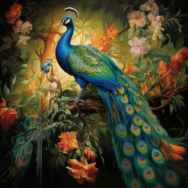 Animals Birds Peacock Flowers Abstract Home Decor Wall Art Canvas Print Painting