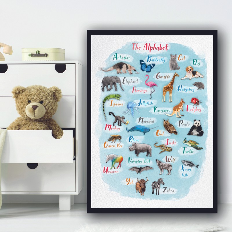 Nursery Animal Alphabet Bright Blue Multicolour Wall Art Print