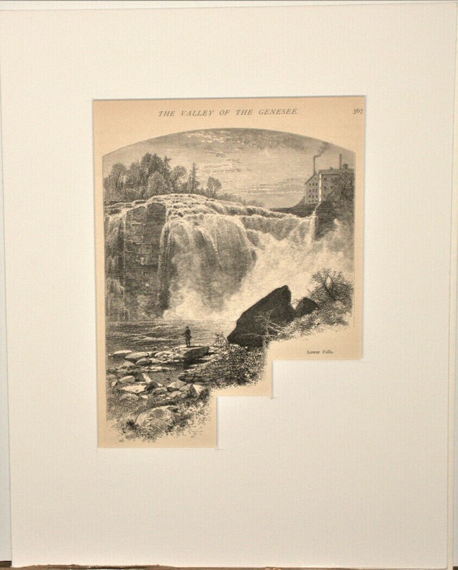 ANTIQUE BOOKPLATE «THE VALLEY OF THE GENESEE Lower Falls» BY J. D. Woodward