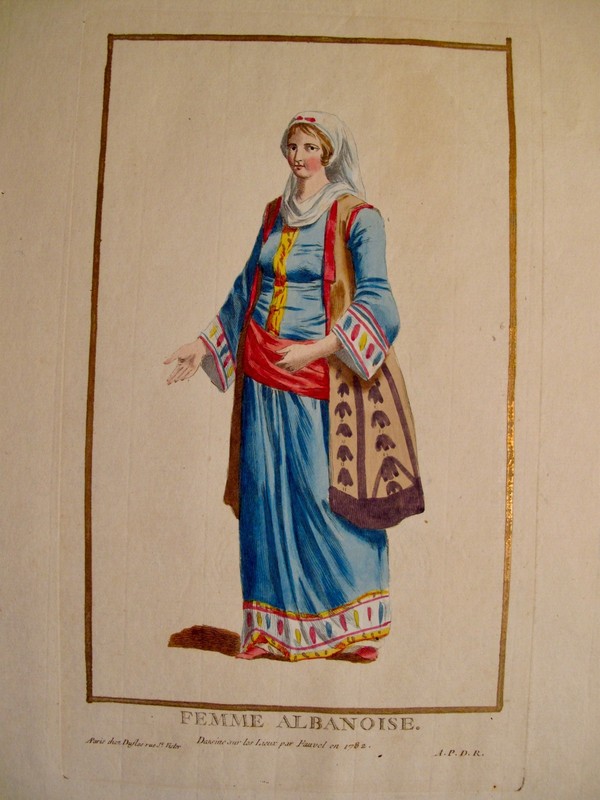 1787 PIERRE DUFLOS HAND-ILLUMINATED ENGRAVING w GOLD FEMME ALBANOISE FAUVEL 1782 gallery