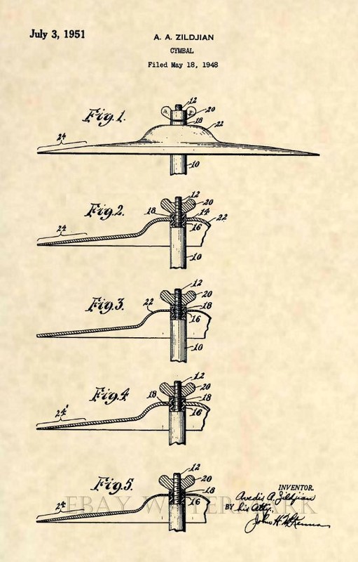 Official Zildjian Cymbal US Patent Art Print- Vintage Original Crash Ride 300