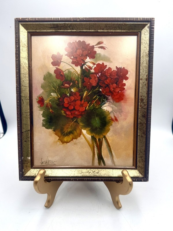 VTG Floral Geranium Still Life Print Under Glass Frame