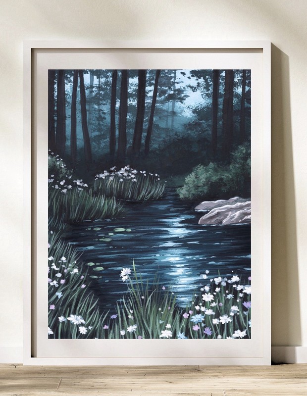 Dark Fairy-Core Pond | Lily Pad Dark Blue Landscape Art | Wall Art | Woodland