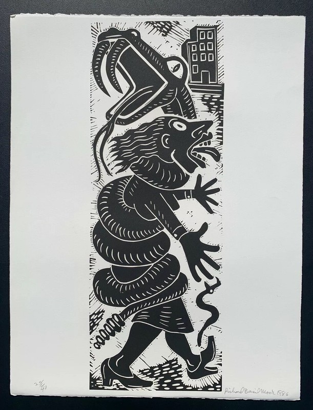 New York Texas Artist & Printmaker Richard Basil Mock Signed Linocut Print. 1986