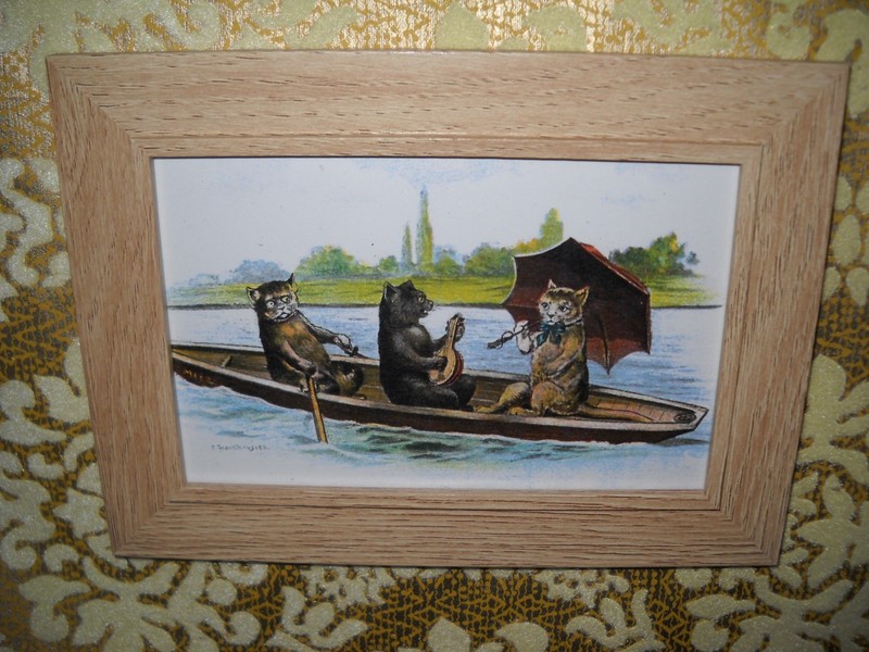 3 CATS IN A ROWBOAT 4 X 6 blond framed animal picture Victorian style art print
