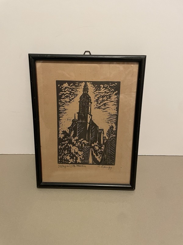 Vintage European Linocut Church Scene Signed Framed gallery wall art