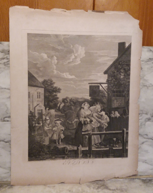 Original 1738 Wm HOGARTH Published, BARON Engraving EVENING – Times of Day 19×24