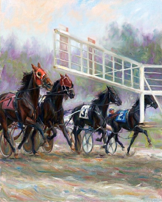Standardbred Horse Race Starting Gate oil art print. Free Shipping 0104