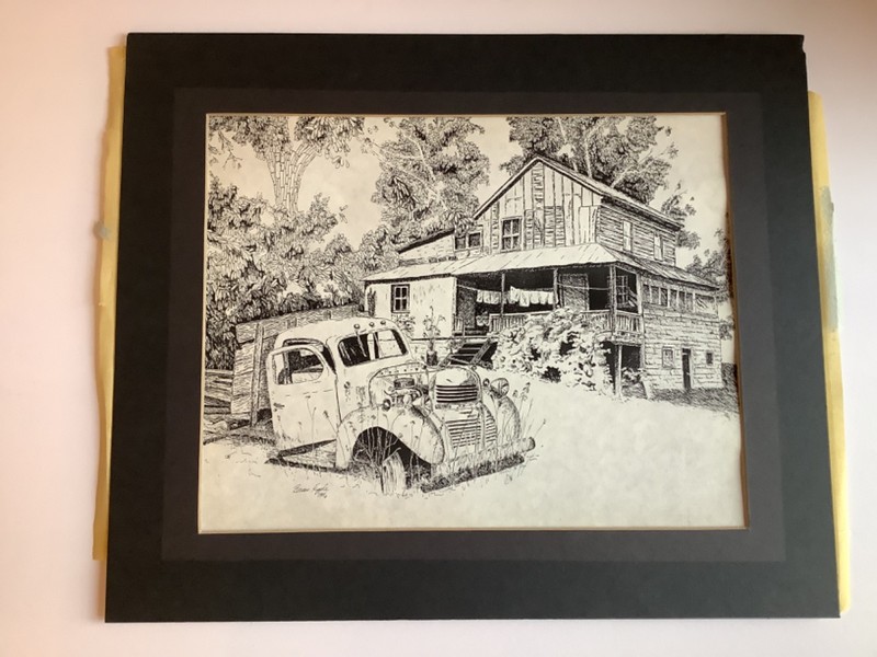 Original Barnyard Landscape Pen and Ink Farmhouse Primitive Cabin Rustic Art gallery