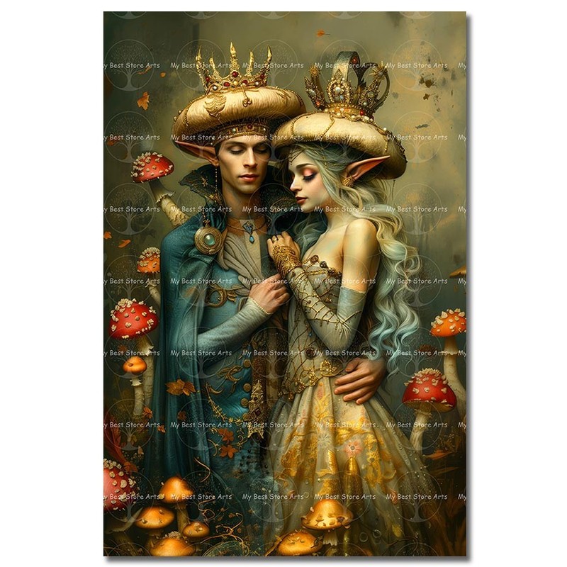 Mushroom Couple Art Print, Cottagecore Fantasy Wall Decor
