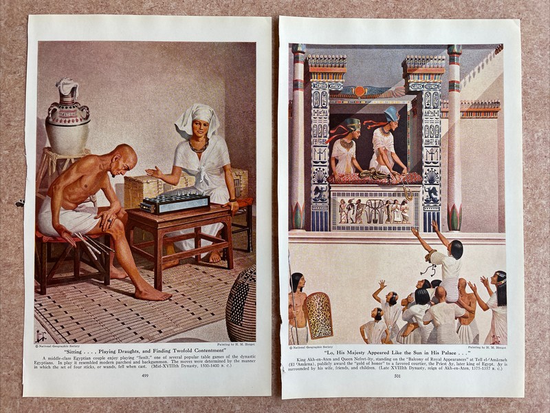 1941 HM Herget Egyptian Vintage Print Art Lot x 2 Senit Game + King Akh-en-Aten