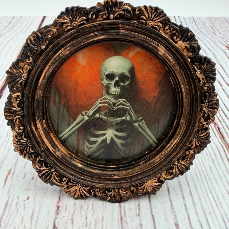 Skeleton Heart Original Art Print in Ornate Baroque Bronze Round Frame 4×4