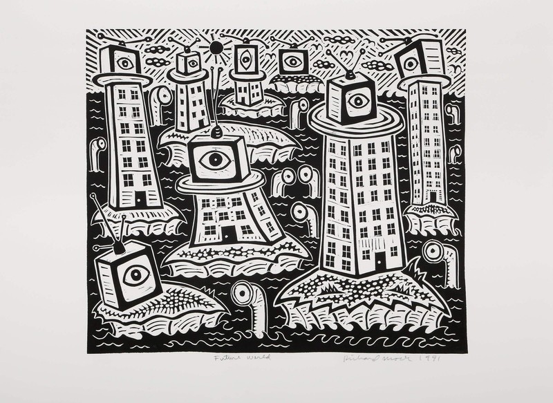 Richard Mock, Future World, Linocut on BFK Rives, signed, titled, numbered and d gallery