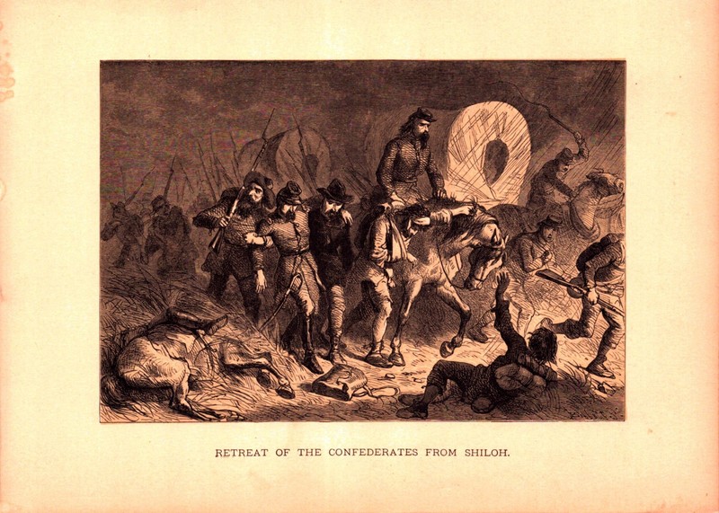 RETREAT OF CONFEDERATES FROM SHILOH Antique print 1878