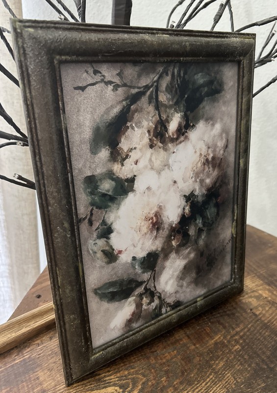 13×10” White Camellia Unique Vintage Rustic Mirror Art Print Framed