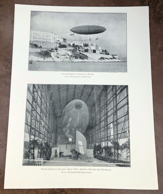early 1900s print – santos – dumonts balloon in flight and in hanger !