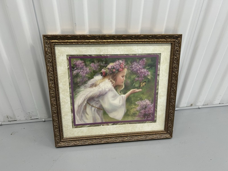 Home Interiors Girl Angel Lilacs Gold Frame, Lilac Colors Matted And Framed