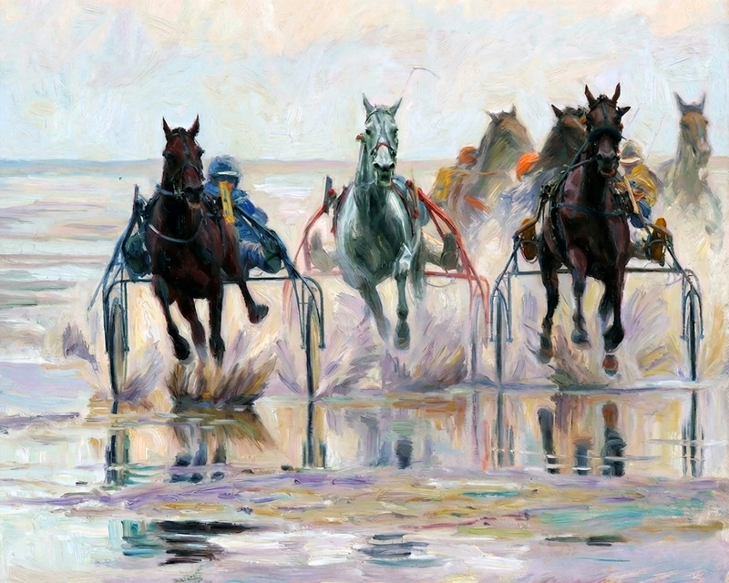 Horse Racing Standardbreds on the Beach oil art print. Free Shipping 0106