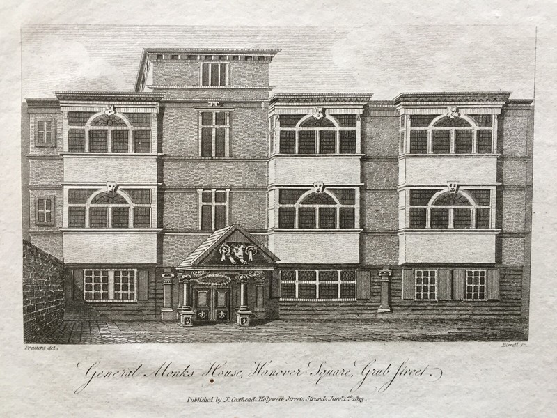 1818 Antique Print; General Monk’s House, Hanover Sq. Grub St after Prattent