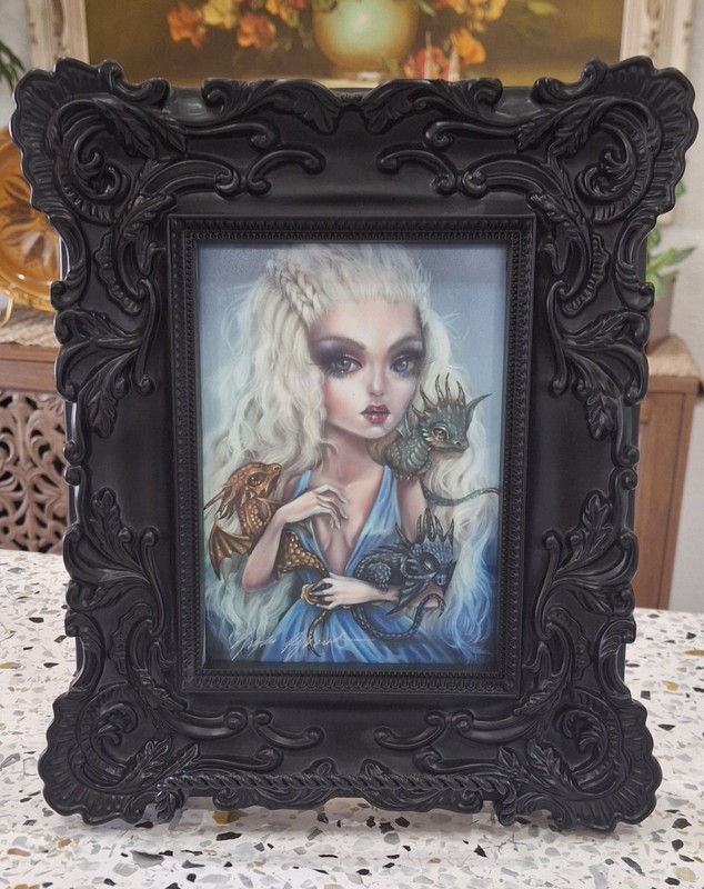 Kurtis Rykovich 5" x 7" Hand Signed print Mother Of Dragons Black Baroque Frame