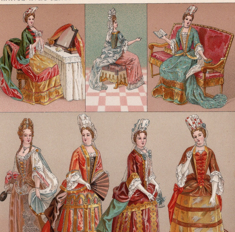 French Courtly Dress Ladies Headwear Panniers Lace 1876 Antique Chromolithograph