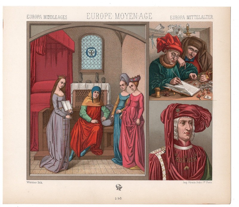 MEDIEVAL SCHOLARS & DOMESTIC SCENE –Renaissance Dress & Study 1876 Antique Print gallery