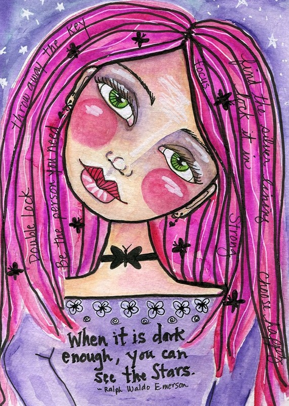 Original ACEO Print soulful girl, Emerson quote, positive dreamy art Pink – Amy