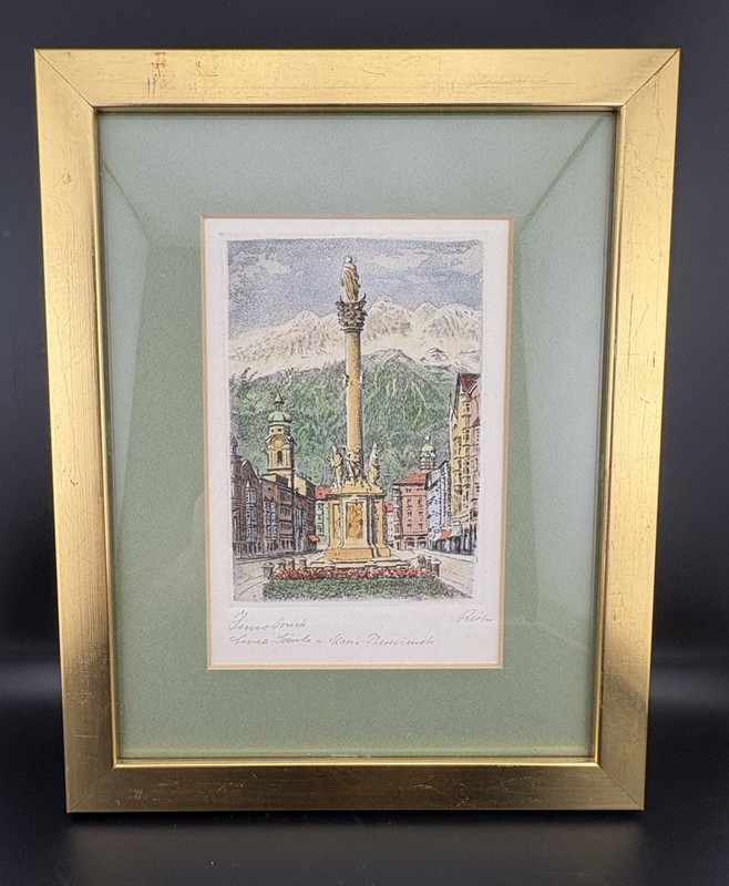 Vintage framed Rare Signed by REITAN Lithograph of Innsbruck, Austria 1972-73