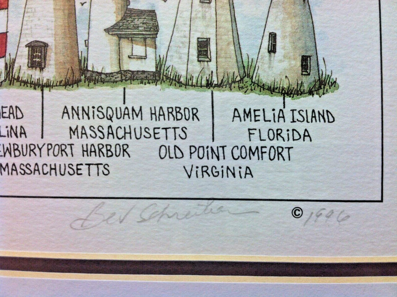 1996 🔥BEV SCHREIBER🔥 Lithograph Print Short East Coast Lighthouses SIGNED Art gallery