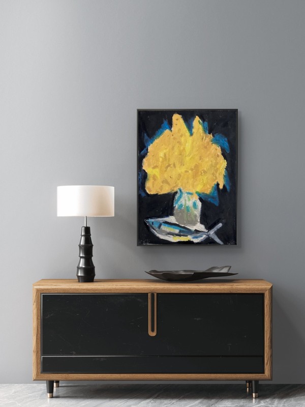 Moody Navy Blue Abstract Art 8x10 Bold Yellow Flowers Fish Midnight Still Life gallery