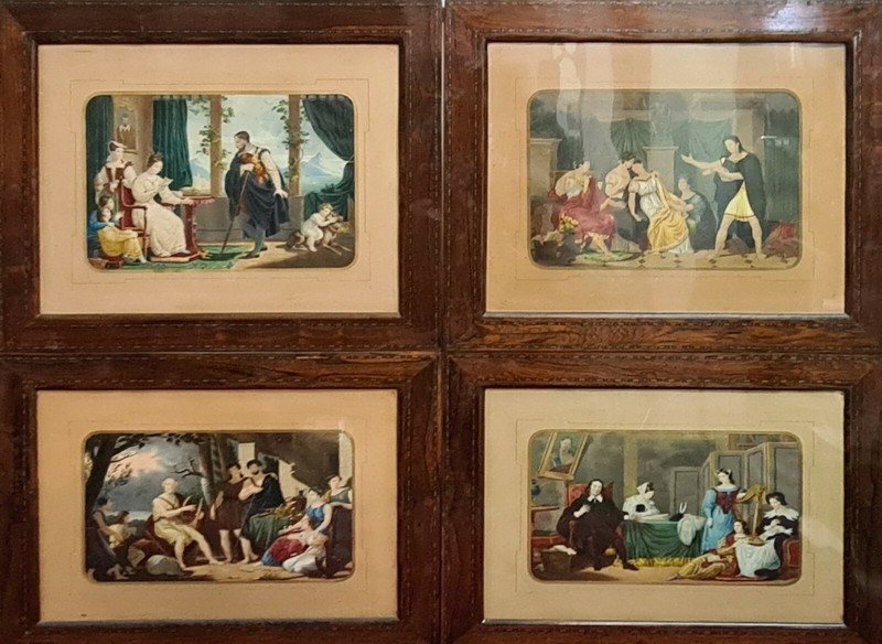 COLLECTION OF 4 COLORED LITHOGRAPHS. FRAMES PLATED IN MAHOGANY. XIX CENTURY.