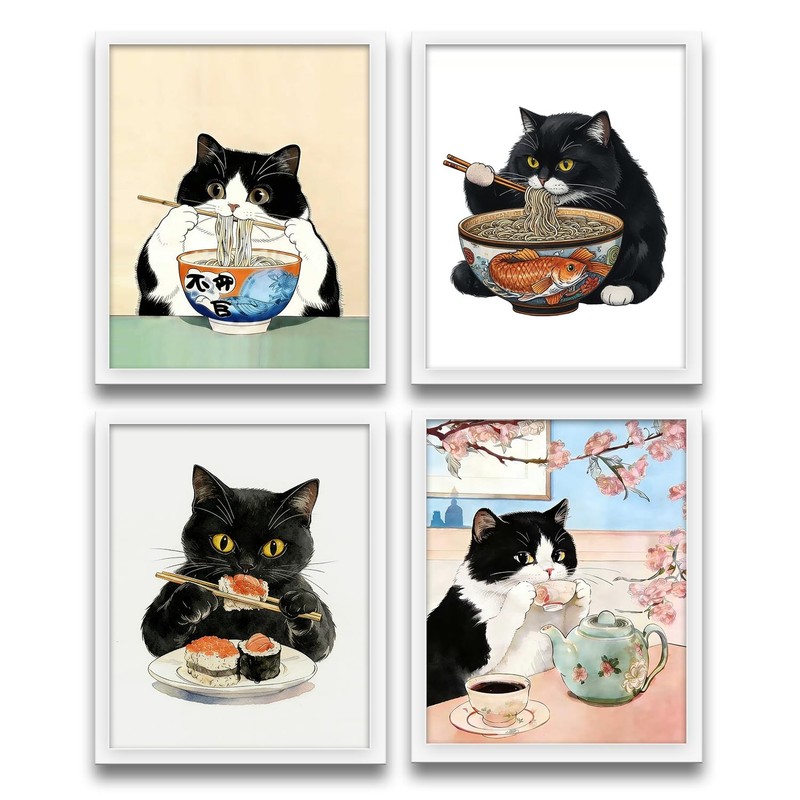 XUNLURY Vintage Japanese Tuxedo and Black Cat Wall Art Prints Unframed Set of 4,