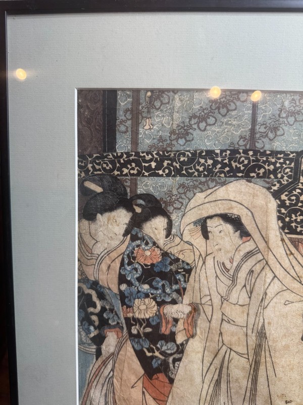 Antique Utagawa Kuniyoshi Bride Changing Clothes Woodblock Print Framed VG 18x14 gallery