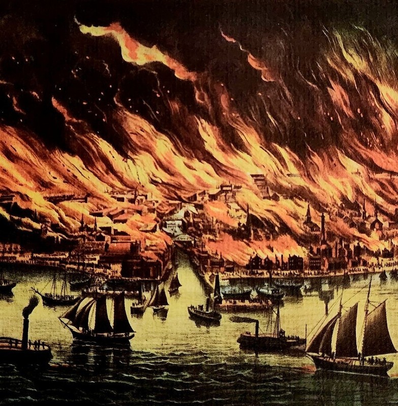 1930 The Great Fire At Chicago Lithograph Print Currier & Ives Art History