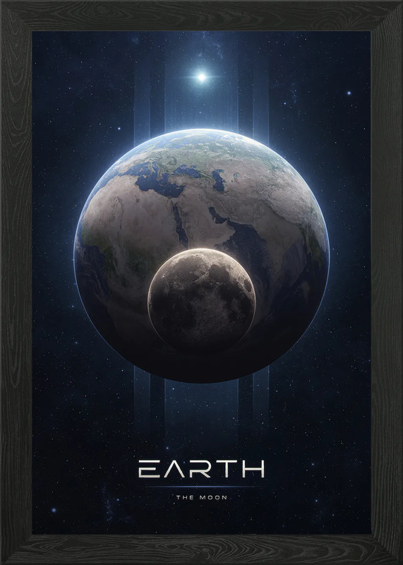 Planet Earth and The Moon Framed Wall Art Poster Canvas Print Picture