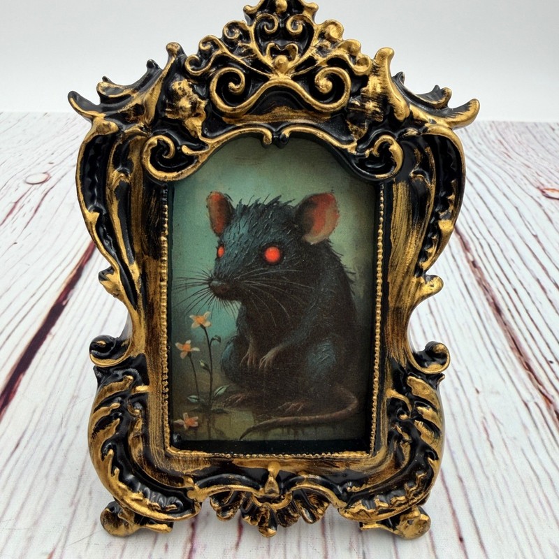 Gothic Rat Art Print Ornate Gold Black Resin Frame Decoupage Miniature 4.25in