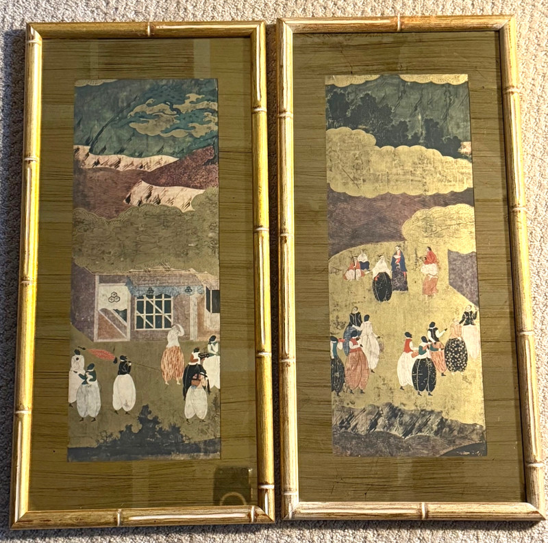 Stunning Vintage Asian Framed Art Pair Gold Leaf Faux Bamboo Hollywood Regency!!