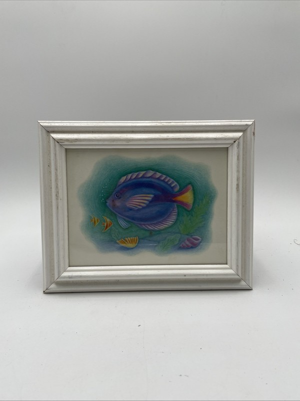 Vintage 90s Signed SW Tropical Fish Framed Art Print Caribbean Beach Decor