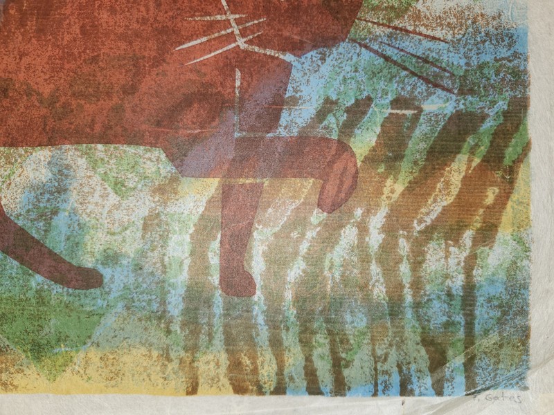Signed Country Cat F. Gates 14/20 Serigraph 1970s Rice Paper Mid Century Modern gallery