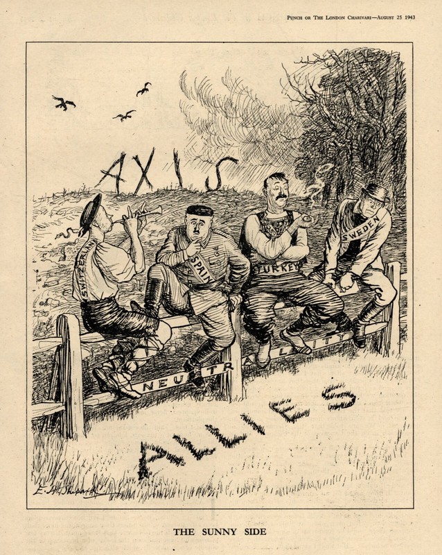 WW2 CARTOON SATIRE- Neutral Countries FENCE SITTERS Turkey SWISS Spain SWEDEN