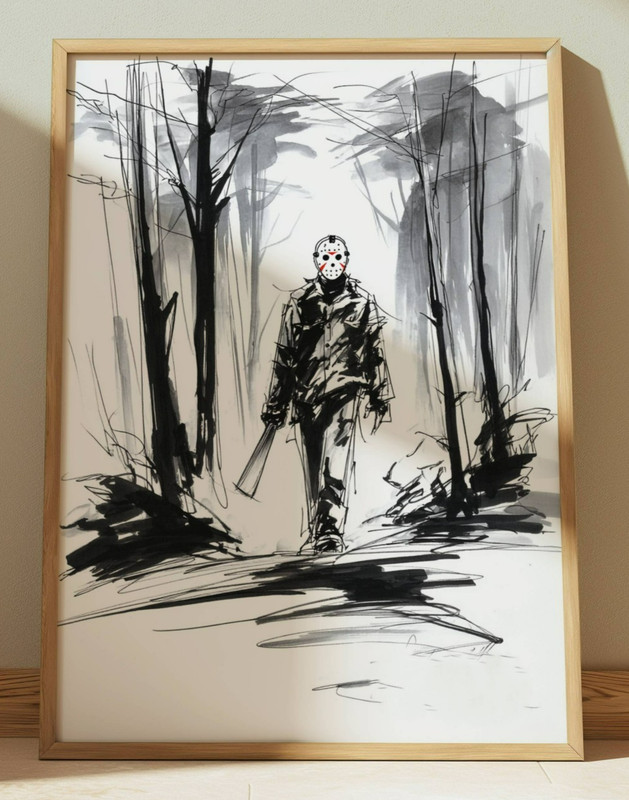 JASON VOORHEES INK DRAWING PRINT SKETCH 8″ x 10″ FRIDAY THE 13TH HORROR