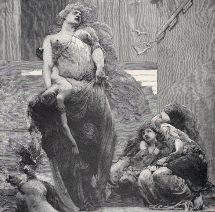 QUEEN OF THEBES – Children Mythological Tragedy Scene 1892 Antique Engraving