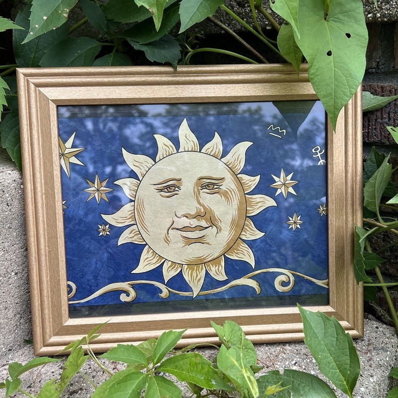 Vintage 90s Celestial Sun Framed Wall Art Print Wooden Frame 12” x 10”