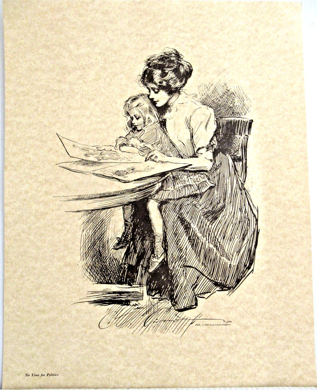 "NO TIME FOR POLITICS" ~(GIBSON GIRL)~ **1909 PEN-AND-INK SKETCH - (11" X 14")**