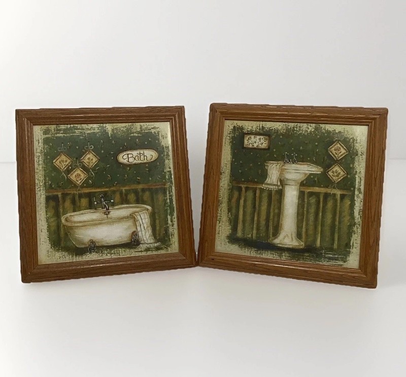 2 pc Grace Pullen Framed Bathroom Art Prints Wall Hanging Bathtub Sink 12” x 12”