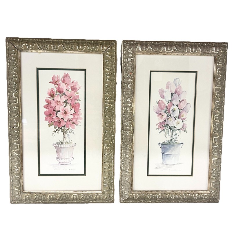 Vintage Topiary Prints Set 2 Gold Frames Double Mat Grandmillennial Hang Ready