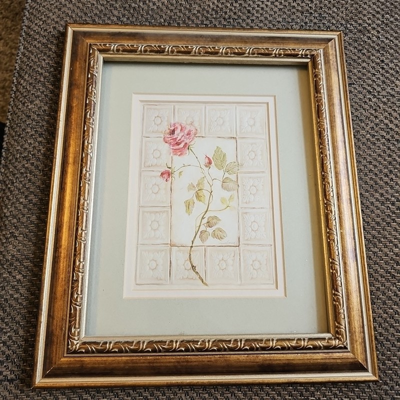 Vtg Wood Gold Painted Frame Print of a Pink Rose Double Matted 12.75 X 10.75″